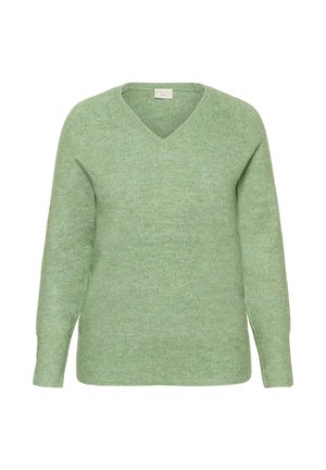 Pull vert à col en V en tissu doux et texturé. Il présente des manches longues et une coupe décontractée, avec un motif chiné subtil sur l'ensemble.