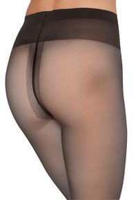 Sorte semi-gennemsigtige strømpebukser med en glat tekstur, der har en høj talje og en subtil baglæns sømdetalje. Det semi-opaque materiale giver benene dækning.