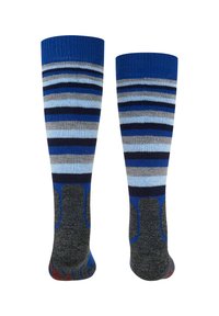 Calcetines hasta la rodilla que presentan una mezcla de rayas azules, grises y negras, con suelas grises acolchadas y zonas de punta reforzadas.