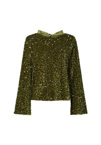 Top verde oliva con paillettes, dal finish testurizzato, vestibilità ampia, maniche lunghe e colletto con fiocco in satin. Lunghezza corta e cropped.