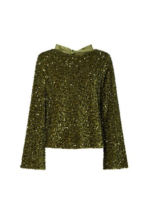 Top verde oliva con paillettes, dal finish testurizzato, vestibilità ampia, maniche lunghe e colletto con fiocco in satin. Lunghezza corta e cropped.