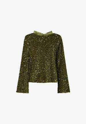 Top en verde oliva con lentejuelas y acabado texturizado, de corte holgado, mangas largas y cuello con lazo de satén. Longitud corta y cropped.