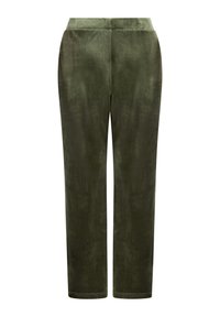 Groene fluwelen broek met een rechte pijp en een gladde textuur. Heeft een eenvoudige tailleband en geen zichtbare zakken of versieringen.