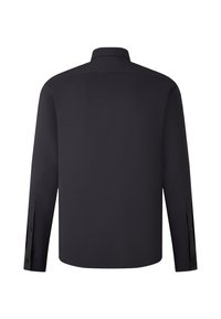 Zwarte langemouwen shirt met een puntkraag, geknoopte manchetten en een gladde textuur. Heeft een schoon, minimalistisch ontwerp.