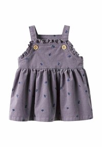 Lavendelfarget bomullskjole med volangstropper, knappedetaljer og blomsterprint. Vide skjørt og rynket stoff for ekstra tekstur.