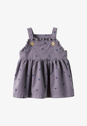 Lavendelkleurige katoenen jurk met geplooide banden, knoopaccenten en bloemrijke printdetails. Uitlopende rok en geplooide stof voor extra textuur.