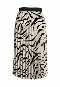 Jupe plissée en tissu beige avec un motif de rayures de tigre abstrait en noir. Elle présente une large taille noire et une surface texturée.