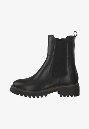 Schwarze Chelsea Boots aus Leder mit elastischen seitlichen Einsätzen, dicker Gummisohle und Zugschlaufe, die ein elegantes Design und strukturierte Akzente aufweisen.