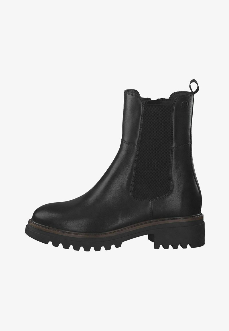 Black chelsea boots made of leather with elastic side panels, thick rubber sole, and a pull tab, featuring a sleek design and textured accents.
