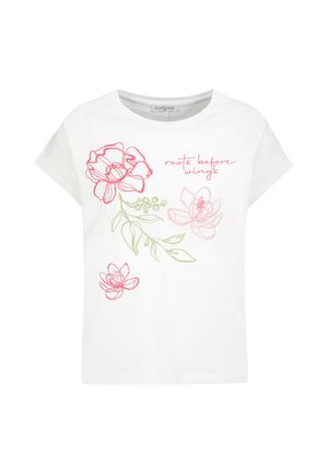 Weißes Kurzarmhemd mit roten und grünen floralen Linienzeichnungen und dem Text "roots before wings" auf der Vorderseite.