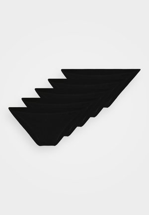 Five pairs of black cotton bikini underwear with a smooth texture, triangular shape, and elastic waistbands. No patterns or accents present.