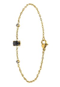 Gouden schakelarmband met een centrale ovale zwarte steen en twee kleinere ronde heldere stenen, met een karabijnsluiting.