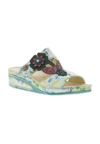 Sandales à enfiler multicolores avec un motif floral, fabriquées en matériau texturé ; dotées d'accents verts et roses, et d'une semelle compensée.