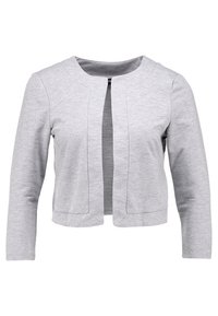 Cardigan ouvert court à manches longues de couleur gris clair, avec un col rond et de simples détails de coutures.
