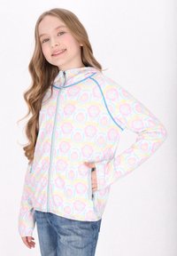 Giacca multicolore con motivo floreale, realizzata in tessuto morbido, dotata di zip frontale completa, tasche laterali e dettagli blu a contrasto.
