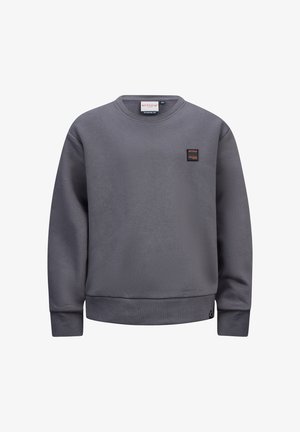 Grauer Sweatshirt aus weichem Stoff. Mit rundem Halsausschnitt, geripptem Saum und Ärmelabschluss sowie einem kleinen schwarzen Logopatch auf der Vorderseite.