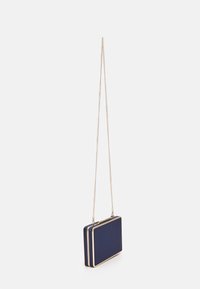 Navy blue rectangular clutch bag with a gold metal frame and chain strap, featuring a smooth texture and minimalist design.