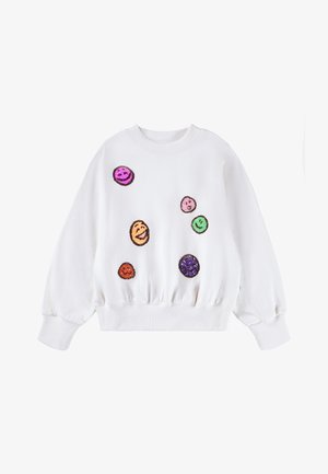 Vit sweatshirt med ribbad krage och muddar, dekorerad med olika färgglada smiley face-paljetter i rosa, grön, orange och lila.