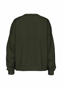 Felpa verde scuro con vestibilità rilassata, colletto rotondo e spalle scese. Presenta polsini e orlo a costine, texture liscia senza logo visibile.