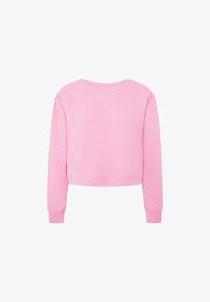 Roza skrajni pulover s dolgimi rokavi, narejen iz mehkega materiala. Ima okroglo ovratnico in subtilne šive vzdolž roba.