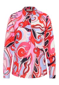 Bunte Bluse mit langen Ärmeln, die ein rosa, rotes und schwarzes Wirbelmuster aufweist, mit Knöpfen an der Vorderseite und einem klassischen Kragendesign.