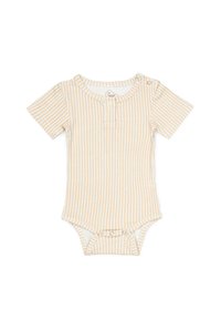 Stripet kortermet bodysuit med beige og hvite vertikale striper, mykt stoff, trykknapper på skuldrene og bunnen for enkel påkledning.