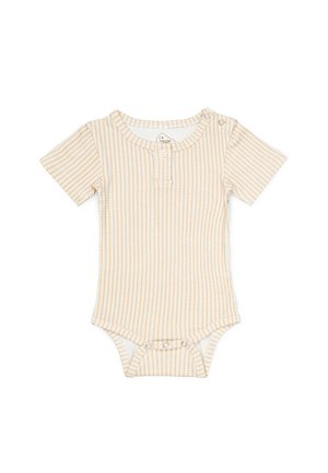 Pruhovaný bodysuit s krátkým rukávem, který má béžové a bílé svislé pruhy, měkkou tkaninu a patentky na rameni a spodní části pro snadné oblékání.