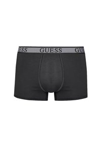 Boxer-briefs noirs en matériau doux avec un design ajusté. Comprend une ceinture élastique grise avec "GUESS" imprimé de manière proéminente.