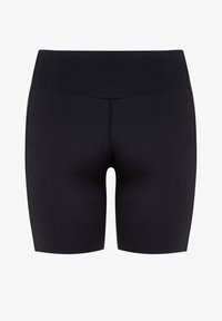 Zwarte sportshorts vanstretchstof, met een hoge tailleband en een glad, naadloos ontwerp. Geen zichtbare patronen of accenten.