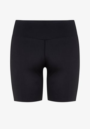 Czarne spodenki sportowe wykonane z elastycznej tkaniny, z wysokim pasem i gładkim, bezszwowym wzornictwem. Bez widocznych wzorów czy akcentów.
