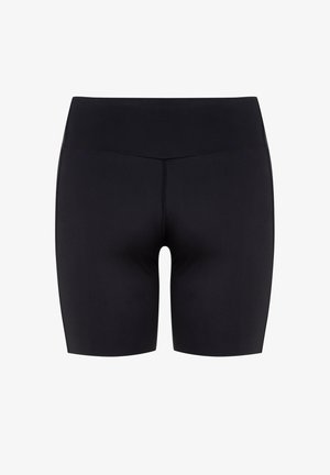 Czarne spodenki sportowe wykonane z elastycznej tkaniny, z wysokim pasem i gładkim, bezszwowym wzornictwem. Bez widocznych wzorów czy akcentów.