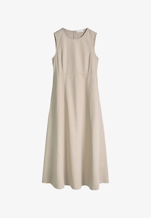 Ärmelloses, beiges Midikleid mit rundem Ausschnitt, tailliertem Sitz, ausgestelltem Rock und Reißverschluss auf der Rückseite.