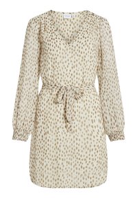 Beiges Kleid mit V-Ausschnitt und langen Ärmeln. Verfügt über einen gebundenen Gürtel in der Taille und ein gepunktetes Muster in Creme- und Brauntönen.