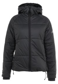 Sort polstret jakke med hætte, der har en frontlynlås og elastiske manchetter. Lavet af glat syntetisk materiale med tonalt syning.