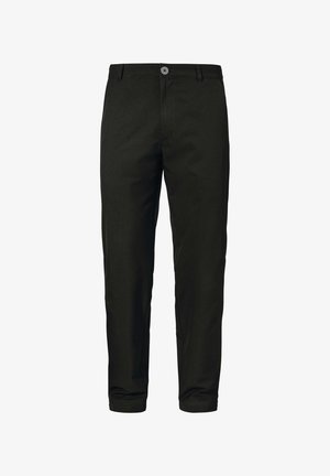 Black, tailored trousers in a smooth fabric with a straight cut, featuring a button closure and side pockets. Clean design, lightweight texture.