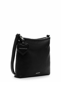 Black leather handbag with a smooth texture, a single shoulder strap, and a heart-shaped charm tag featuring the name "EMILY&NOAH."