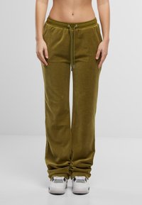 Olijfgroene, zachte joggers van stof met een elastische tailleband, trekkoorddetails en een relaxte pasvorm; beschikken over rechte pijpen en een minimalistisch ontwerp.