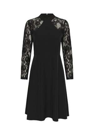 Fekete ruha hosszú csipkés ujjal, testhezálló mellrésszel és bővülő szoknyával. Magas nyakú, hátul cipzárral záródik.