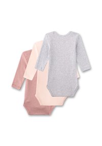 Drie lange-mouwen babybodysuits: grijs katoen, lichtroze effen en rood gestreept. Zachte stof met drukknoopsluitingen aan de onderkant.