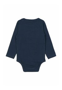 Langärmliger marineblauer Bodysuit aus weicher Baumwolle, mit Rundhalsausschnitt und Druckknöpfen am Boden für ein einfaches Ankleiden.