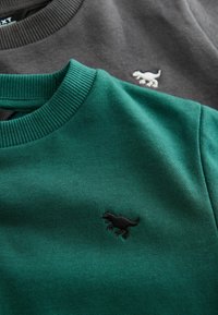 Deux sweatshirts sont superposés : l'un en vert forêt avec un logo de dinosaure noir, l'autre en gris foncé avec un logo de dinosaure blanc.