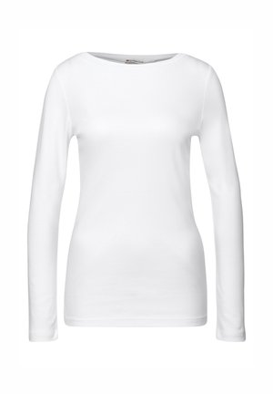 Biała bluzka z długim rękawem i okrągłym dekoltem, wykonana z miękkiego materiału. Rękawy są dopasowane i nie mają widocznych wzorów ani detali metalowych.