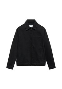 Črna jakna iz bombaža z zadrgo, raširjenim ovratnikom in enim žepom na prsih. Ima dolge rokave in ravno prileganje.