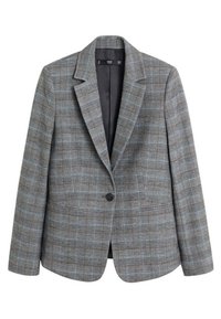 Veste à carreaux gris en tissu à texture lisse, avec un col cranté, une fermeture à un bouton et deux poches avant.