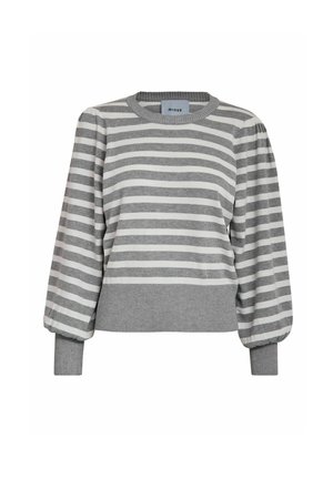 Maglione a righe grigio e bianco con maniche lunghe a sbuffo, polsini e fondo a costine, scollatura rotonda e vestibilità comoda. Etichetta del brand visibile sulla scollatura.
