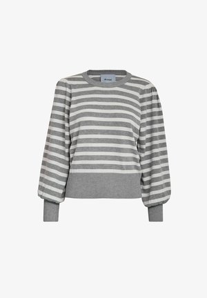 Svītraina pelēka un baltā džemperis ar garām puff piedurknēm, ribotas aproces un apakšmalu, apaļu dekoltē un brīvu piegriezumu. Zīmola etiķete redzama uz dekoltē.