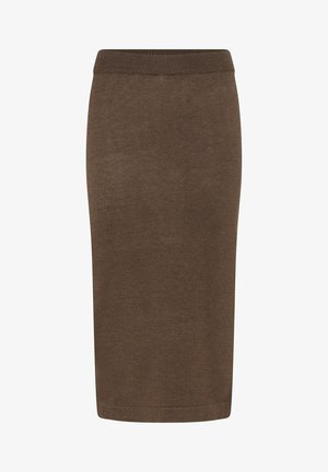 Gonna a matita in maglia marrone con una silhouette aderente, cintura elastica e superficie liscia. L'orlo inferiore termina appena sopra il ginocchio.