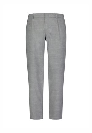 Grijze geruite broek met een maatwerk snit, voorzien van een gladde textuur, gestructureerde tailleband en voorplooien voor extra detail.