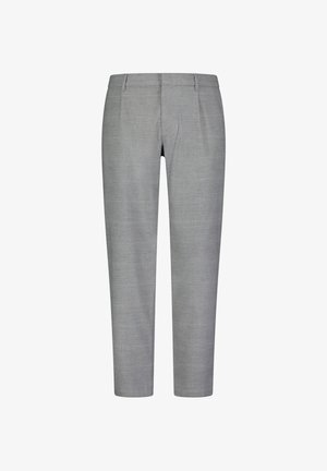 Grau kariertes Hosen mit einem maßgeschneiderten Schnitt, der eine glatte Textur, einen strukturierten Hüftbund und Bügelfalten für zusätzliche Details aufweist.
