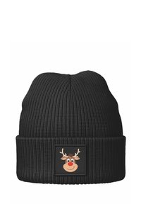 Black knitted beanie with ribbed texture, featuring a square patch with a cartoon reindeer face, including antlers and a red nose.